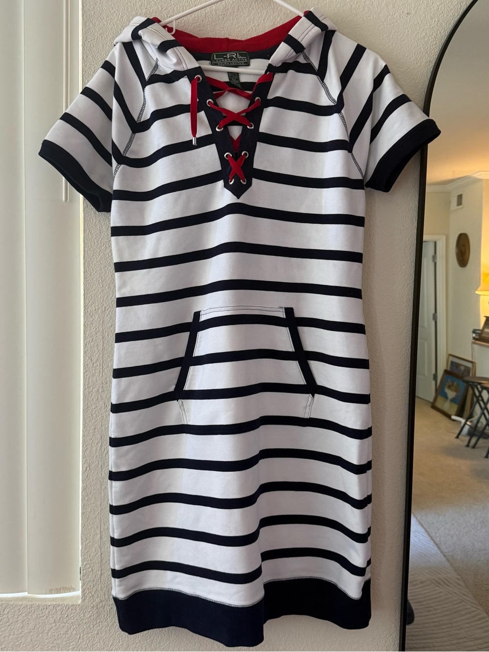 R-RL Lauren Active Dress Women's Size Large Short Sleeve Nautical Striped Hooded